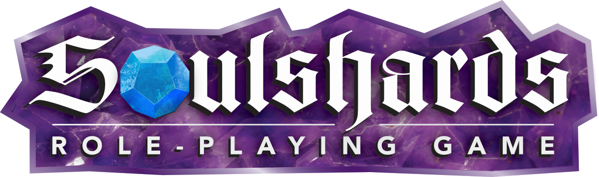White text in a fantasy font over a purple background reads: Soulshards. The o looks like a d12. White text below reds: Role-playing game. Copyright: Soulshards RPG.